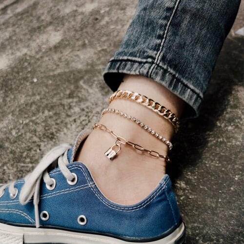 Vintage Bohemian Gold Color LOCK Anklets Women Girls Multilayer Foot Chain Rhinestone Leg Ankle Anklet Bracelet Beach Jewelry