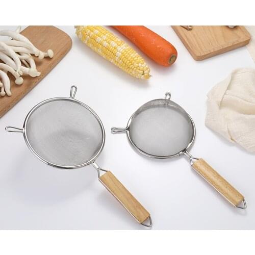304 Stainless Steel Large Colander With Wooden Handle And Double Ear Frying Spoon