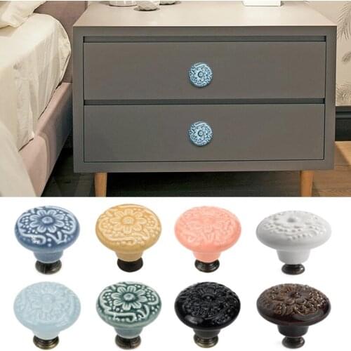 Retro Home Room Ceramic Single Hole Drawer Cabinet Wardrobe Pull Handle Embossed Flower