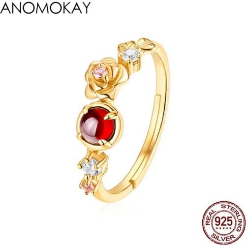 Anomokay Trendy Resizable Red Natural Garnet Flower Rings 925 Sterling Silver Gold Color Ring for Wedding Anniversary Party