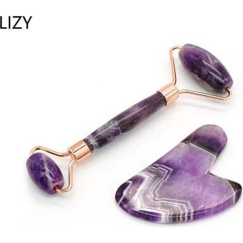 LIZY Amethyst Jade Roller Massager Scraper Set for Face Lifting Purple Natural Stone Facial Skin Care Tool Beauty Massage Roller
