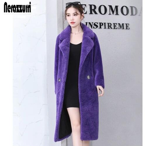 Nerazzurri Long teddy bear real sheep fur coat women 2020 winter Double Breasted warm purple oversized shearling sheepskin coats