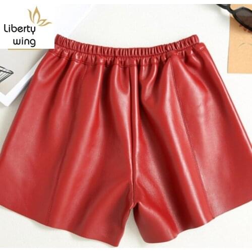 Autumn Winter Red Woman Leather Quality Loose Korean Wide Leg Elastic High Waist Sheepskin Shorts Women Large Size