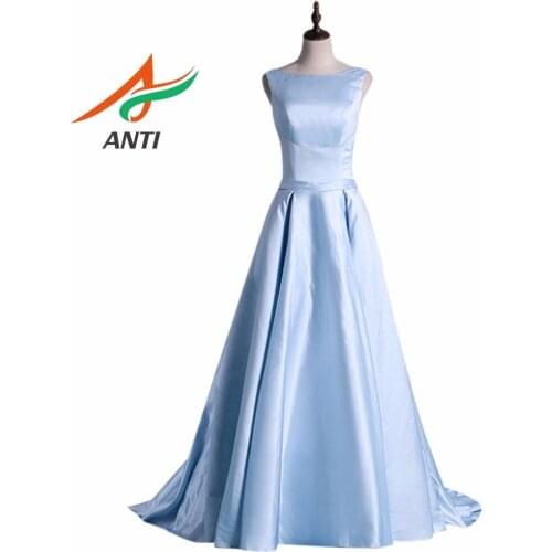 ANTI Simple Sky Blue Prom Dresses Long 2019 A-Line Scoop necking Vestido De Festa Draped Evening Gown Floor-Length HQY009