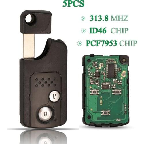 Bilchave 5pcs For Honda CR-V Accord Civic Odyssey Fob 313.8MHZ ID46 PCF7953 Chip Remote Car Key 2Button With Blade Replacement