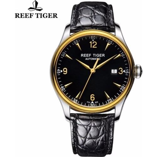 Reef Tiger/RT New Business Men Mechanical Watches Mens Luxury Brand Automatic Date Watch Genuine Alligator Leather Watches