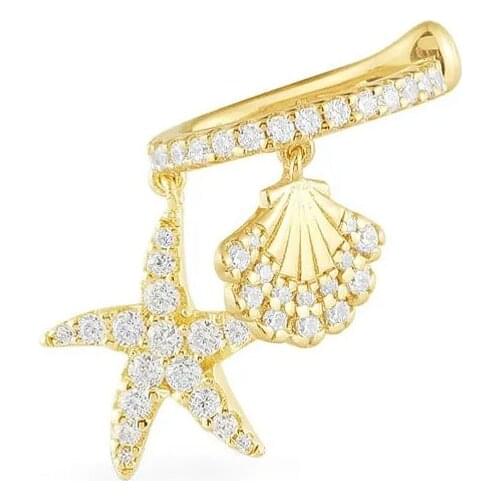 SLJELY Fashion Real 925 Sterling Silver Yellow Gold Color Starfish and Seashells Ear Cuff 1pc Women Single Sliding Clip Earring