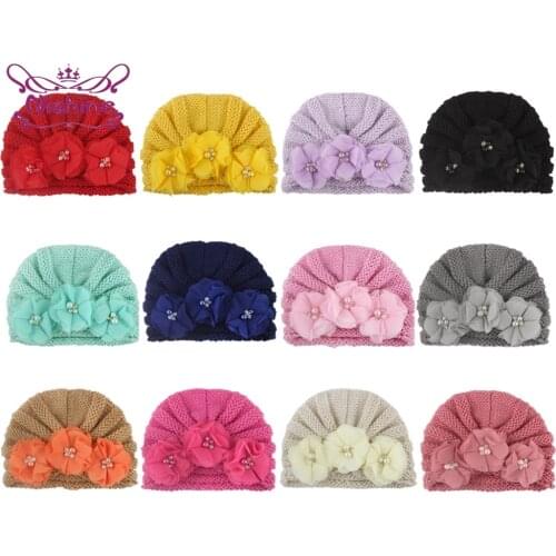 Nishine Hand Sewing Beads Flower Infant Hat Solid Color Striped Knitting Wool Cap Fashion Warm Children Bonnet Photography Props