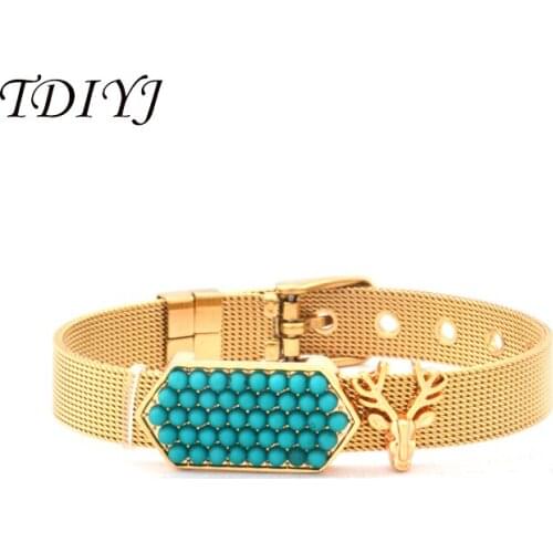 TDIYJ KEEPER Bracelet Set Gold Stainless Steel Mesh Bracelet with Geo Bar Deer Keeper Slide Charms as Women Gifts 1Set