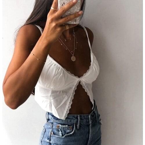 Solid Color Sleeveless Lace Trim Camisole Deep V-neck Wild Slim Split Hem Summer Vacation Holiday Fit Cami Sling Tops