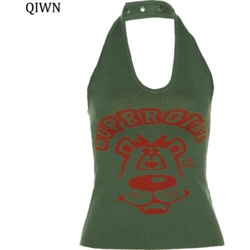 Harajuku Street Bear Letters Print Vest Women Autumn Sexy Sleeveless Tanks Green Halter Y2k Aesthetic Fashion Girl Crop Top