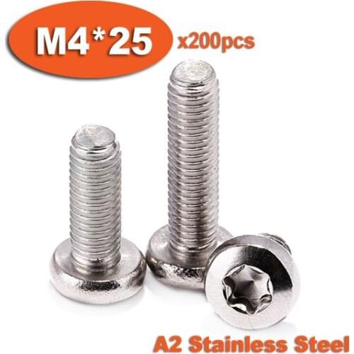 200pcs DIN7985 M4 x 25 A2 Stainless Steel Torx Pan Head Machine Screw Screws