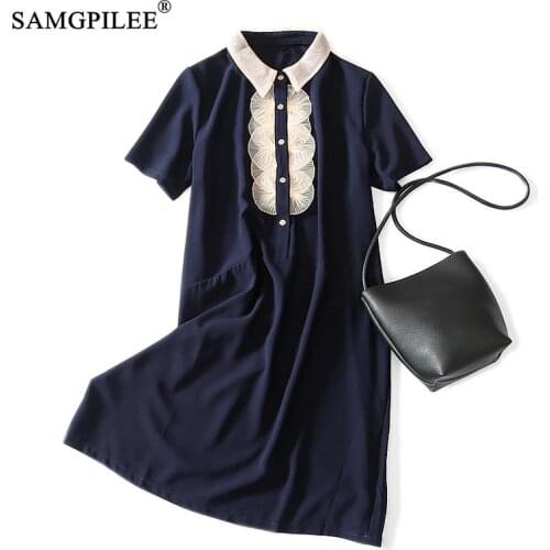 Women Clothing 2021 New Office Lady A-line Solid Short Sleeve Elegant Dress Empire Peter Pan Collar Korean Style Womens Dresses
