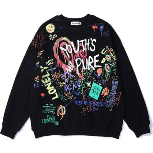 PERHAPS U Women Sweatshirts White Black Gray Long Sleeve O Neck Loose Pullovers Casual Autumn Winter Letter Print Graffiti H0084