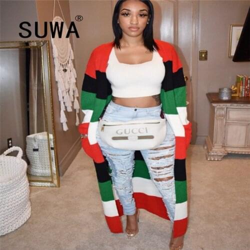 2021 Wholesale Clothes Colorful Striped Patchwork Fall Winter Knitted Full Sleeve Retro Women Coats And Jackets Streetwear