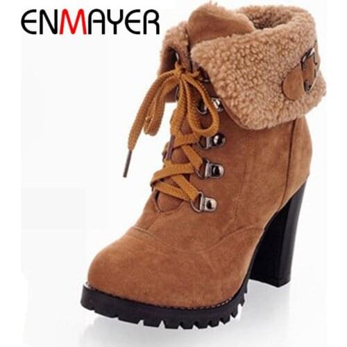 ENMAYER Shoes Woman Fashion Women Ankle Boots High Heels Lace Up Snow Boots Platform Pumps Keep Warm Women Boots Drop Shipping
