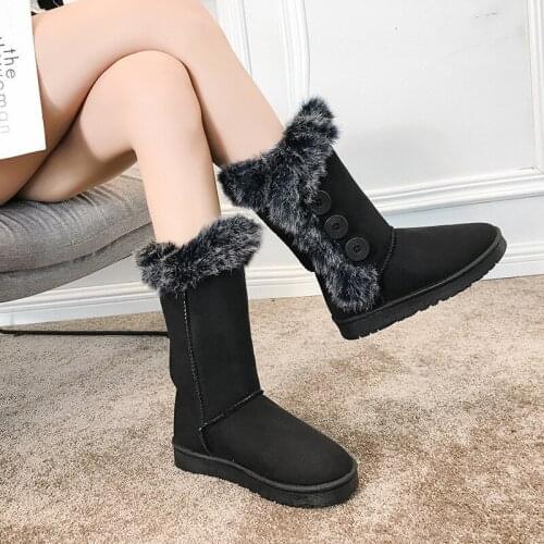 Winter Womens Snow Boots Flat Lovely Pure Color Warm Cotton Shoes Tube Suede Genuine Non-Slip Girls Boot Bowknot 2021 New