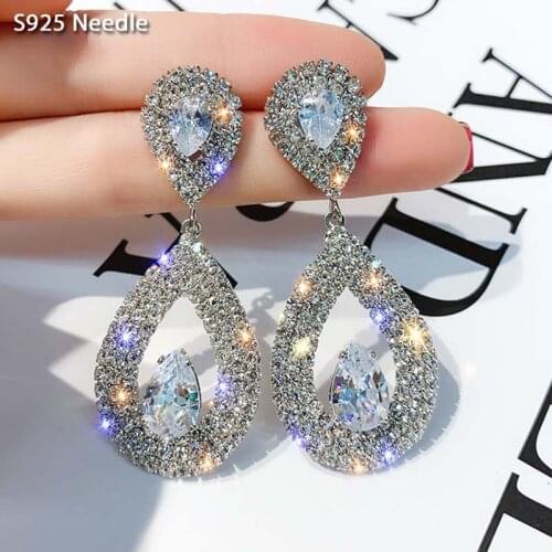 Real 925 Sterling Silver Needle Long Dangle Earrings for Women Jewelry Luxury Waterdrop Rhinestone Female Drop Earrings Bijoux