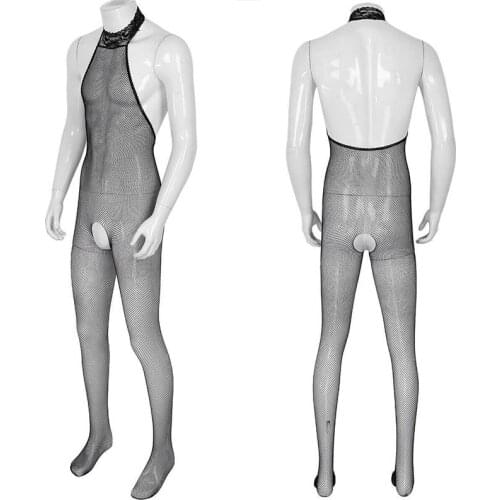 Womens Erotic See-through Mesh Crotchless Bodystocking Lingerie Lace Halter Neck Backless Full Body Stocking
