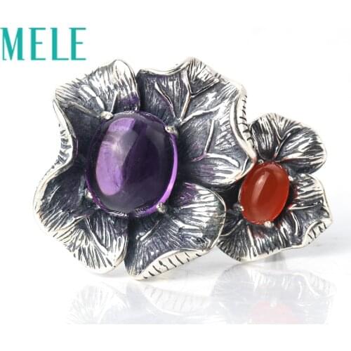 Natural amethyst and red agate rings for women,925 sterling silver fashion vintage big petal-shaped statement jewelry,New style