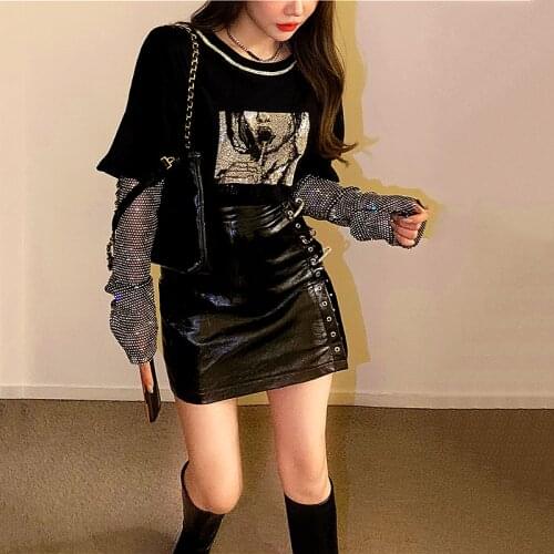 Good Quality Women Two Piece Set Sparkling Patchwork Sleeve T-Shirt Women Tops And PU Faux Fur A-Line Mini Skirts Clothes SL201