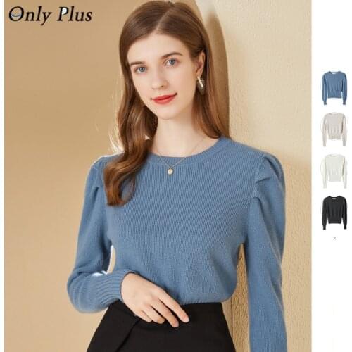 Women Short Sweater High Waist Solid O-Neck Knitted Sweaters Female Pleat Long Sleeve Hem Tight Puff Sleeve Pullover Chic Top