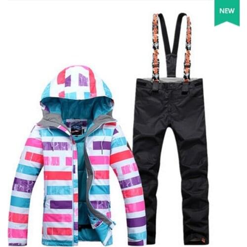 Womens Rainbow Ski Suit Female Skating Hiking Costume Skiwear Pink|Blue|Violet Jacket And Black Bib Snow Pants Outdoor Attire