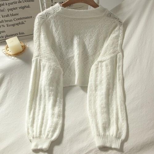 High waist Lantern Sleeve womens sweater Autumn white casual Pullover High street style knitted sweater 2020 Women Jumpers