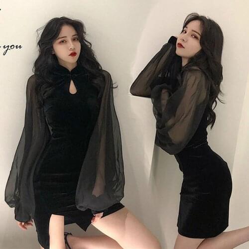 Women Wedding Evening Dress Retro Sexy Slim Mini Gothic Vintage Qipao Party Club Bodycon Mesh Long Sleeve Cheongsam Velvet Black