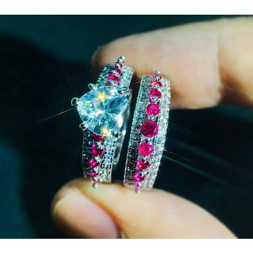 ZHOUYANG Luxury Heart Ring Sets For Women Pink Zircon Engagemt Wedding Jewelry Sliver Color Fashion Jewelry Wholesale Gift YG024