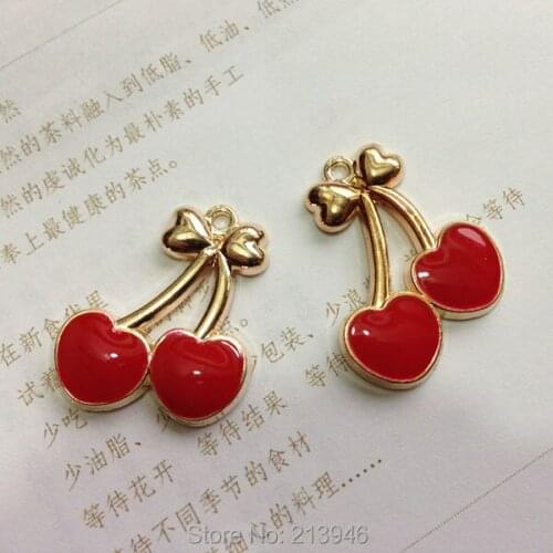 21*28mm 20Pcs Red Cherry Glazing KC Gold Alloy Charms Jewelry Pendants