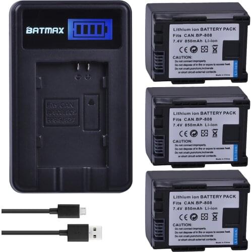 3Pcs BP-808 BP 808 BP808 Camera Rechargeable Battery + LCD USB Charger for Canon BP 827 809 819 HFS30 HFM41 HFM400 FS300 FS100