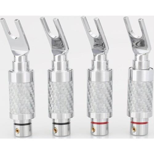 4x Rhodium Carbon Fiber Spade Plug Speaker Cable Copper Connector HiFi