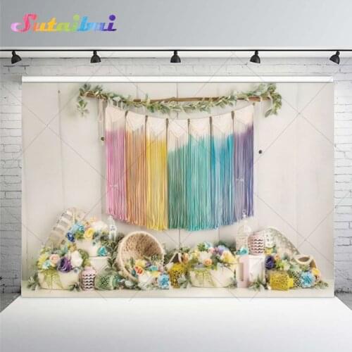 Bohemian Style Birthday Flower Decoration Banner Newborn Portrait Photography Backdrop Photographic Backgrounds for Photo Studio