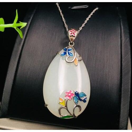 Boutique Jewelry S925 Silver Hetian Jade Pendant Fashion Birdsong Floral Necklace, Designed for Womens Gifts