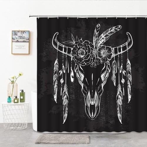 Black Background Shower Curtain Bohemian Chic Minority Cow Skull Feathers And Flowers 3D Printing Home Decor Bathroom Curtains