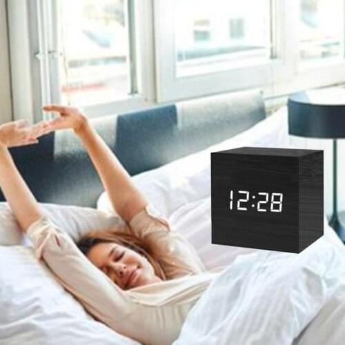 Mini Digital Led Wooden Square Clock Display Brightness Adjustment Voice Control Induction Snooze Home Bedroom Office Decoration