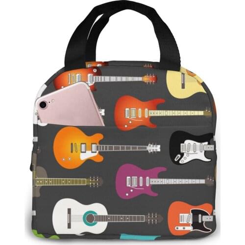 Color Acoustic And Electric Guitars Background Cooler Bag Portable Zipper Thermal Lunch Bag Convenient Lunch Box Tote Food Bag