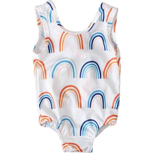 Kid Toddler Girls One-Piece Printed Swimsuit Round Neck Sleeveless Rainbow Pattern Bodysuit Swimwear