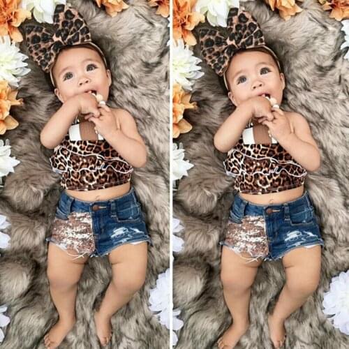 Infant Baby Girl Tops Leopard Sling Denim Dhorts Headband Outfit Clothes 3pcs