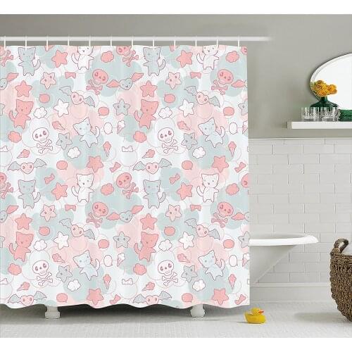 Doodle Shower Curtain Cartoon Styled Cute Cats Bats and Skulls Japanese Inspired Kawaii Bath Curtains For Bathroom Bathtub