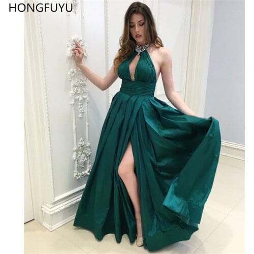 HONGFUYU Sexy O-neck Side Split Prom Dresses 2021 Dark Green Satin Evening Gowns vestidos de festa longo Dresses Women Party