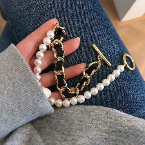 Korean retro geometric pearl flannel chain stitching T-shaped buckle necklace ins street cool handsome hard girl clavicle chain