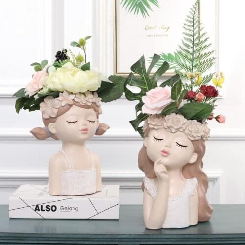 Creative Pink Cute Girl Half-length Head Vase Flower Pot Plant Potted Living Room Decoration Resin Figure Vase Home Decoration