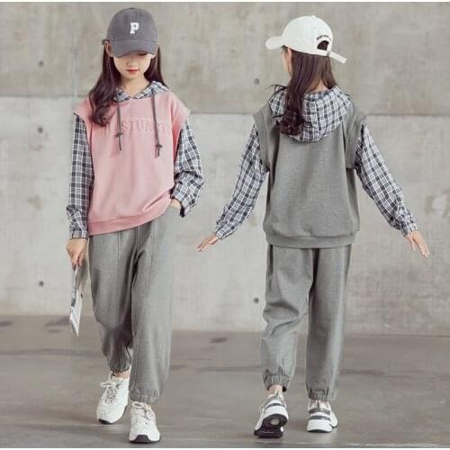 Girl Clothes Outfits Korean Hooded Stitching Pullover +Pants Two Piece Sets Fashion Big Girls Activewear 2021 New Autumn Clothes