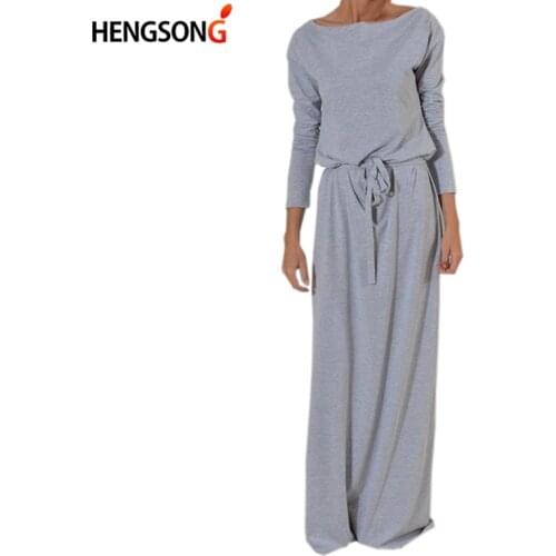 Autumn Women Long Maxi Dress Slash Neck Sashes Winter Dresses Casual Long Sleeve Solid Casual Floor Length Dress Female
