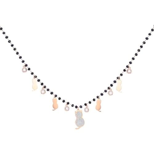 New Stainless Steel Cats Clear Round Crystal Pendant Necklace For Women Black Beads Choker Necklace 2021 Fashion bijoux femme