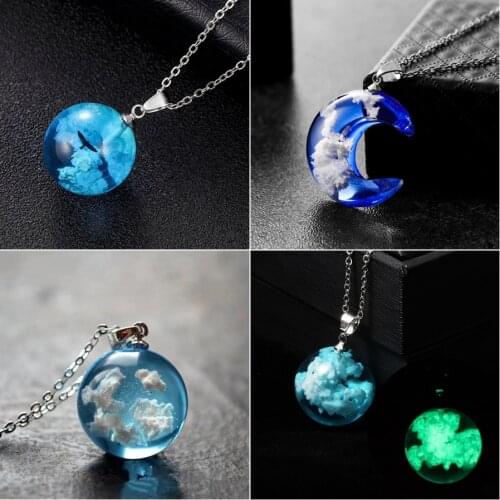 Blue Sky White Cloud Necklace Transparent Round Glass Ball Moon Pendant Luminous Chain Necklace Chokers for Women Jewelry Gift