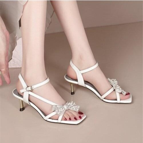 PXELENA Celebrity Crystal Pearls Studded Butterfly-knot Sandals Women Genuine Leather Plus Size 34-43 Kitten High Heels Shoes OL