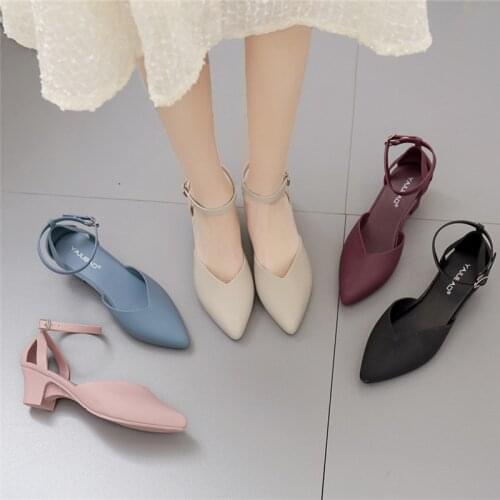 Candy colors ankle buckle strap jelly shoes woman pointed toe v-open sandalias cut-out square med high heels sandals women 2020